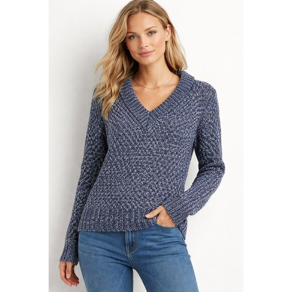 Tommy Hilfiger Sweaters - Tommy Hilfiger Navy White Marled Knit V-Neck Sweater Women’s Large